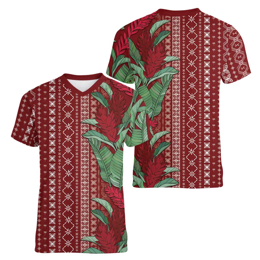 Women's Day Samoa Malu Tattoo Inspired Mix Teuila Women V-Neck T-Shirt Scarlet LT7 - Polynesian Pride