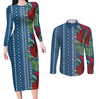 Women's Day Samoa Malu Tattoo Inspired Mix Teuila Couples Matching Long Sleeve Bodycon Dress and Long Sleeve Button Shirt Royal Blue LT7 Royal Blue - Polynesian Pride