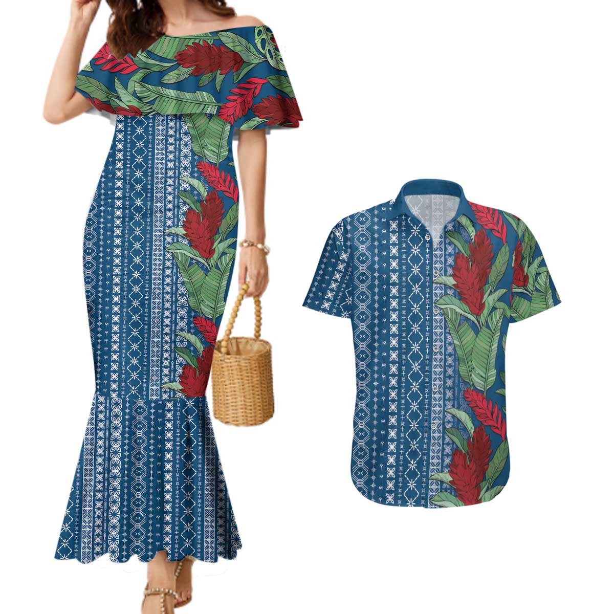 Women's Day Samoa Malu Tattoo Inspired Mix Teuila Couples Matching Mermaid Dress and Hawaiian Shirt Royal Blue LT7 Royal Blue - Polynesian Pride