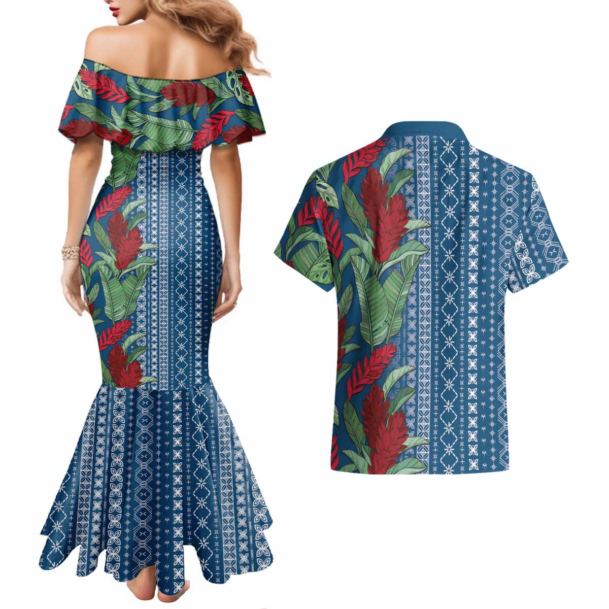 Women's Day Samoa Malu Tattoo Inspired Mix Teuila Couples Matching Mermaid Dress and Hawaiian Shirt Royal Blue LT7 - Polynesian Pride
