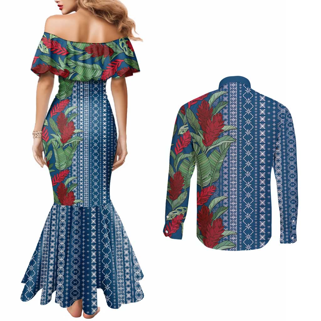 Women's Day Samoa Malu Tattoo Inspired Mix Teuila Couples Matching Mermaid Dress and Long Sleeve Button Shirt Royal Blue LT7 - Polynesian Pride