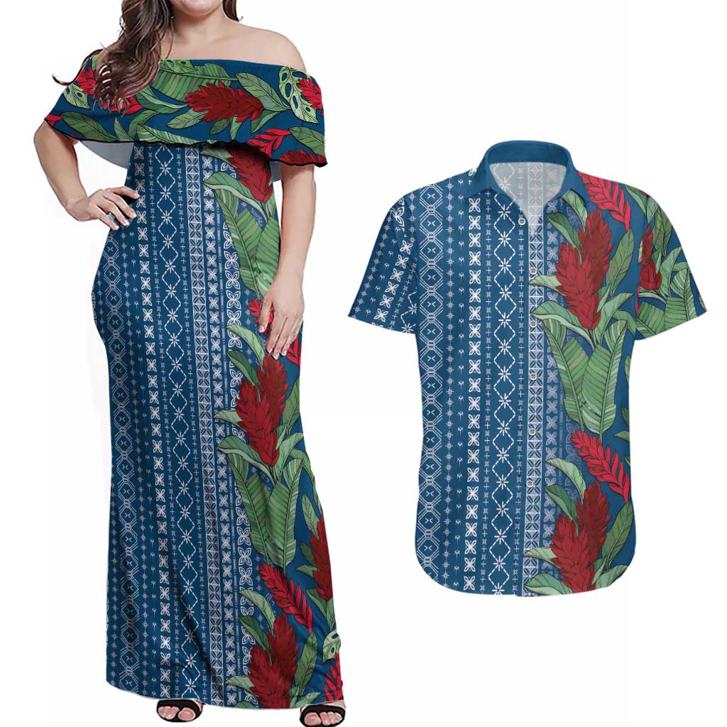Women's Day Samoa Malu Tattoo Inspired Mix Teuila Couples Matching Off Shoulder Maxi Dress and Hawaiian Shirt Royal Blue LT7 Royal Blue - Polynesian Pride