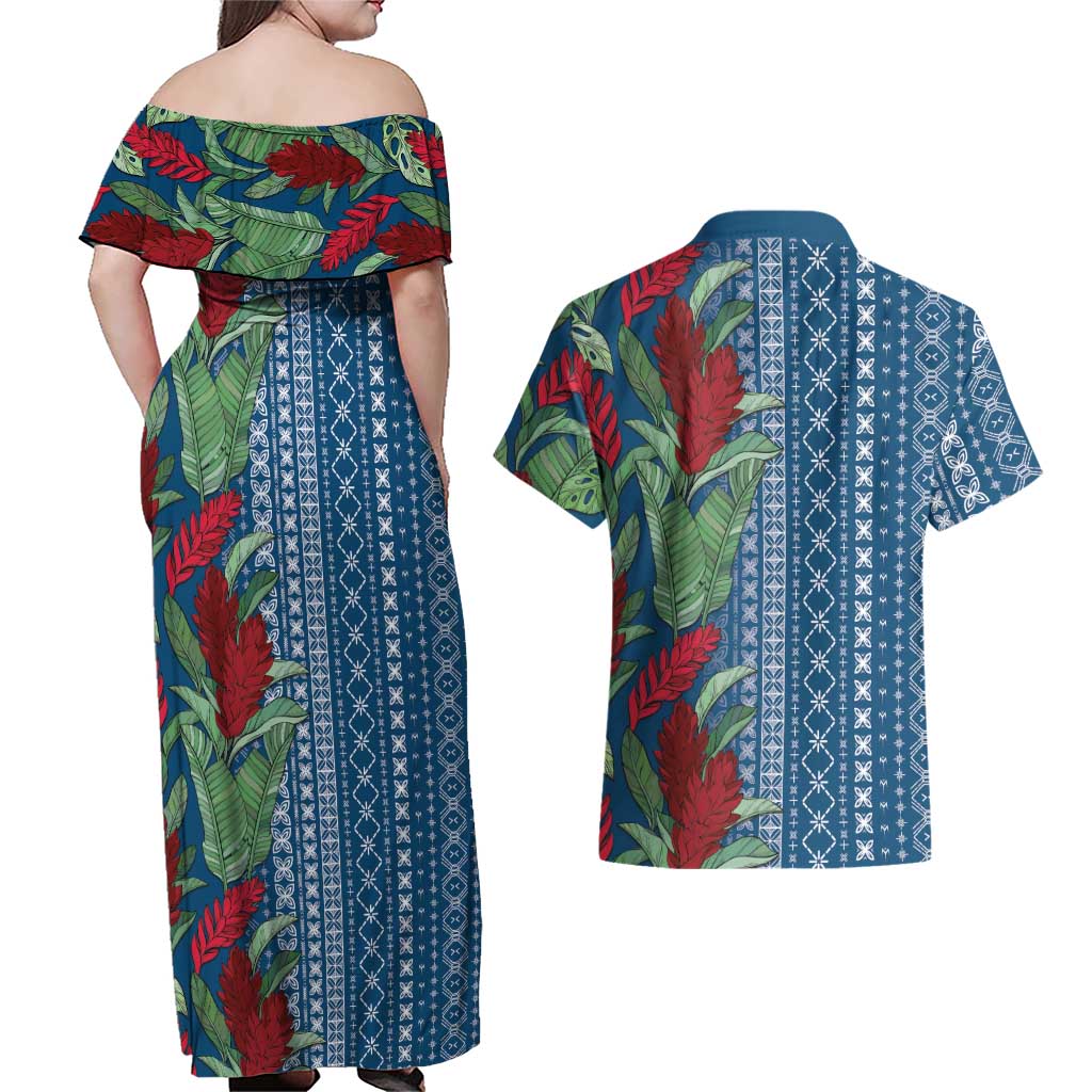 Women's Day Samoa Malu Tattoo Inspired Mix Teuila Couples Matching Off Shoulder Maxi Dress and Hawaiian Shirt Royal Blue LT7 - Polynesian Pride