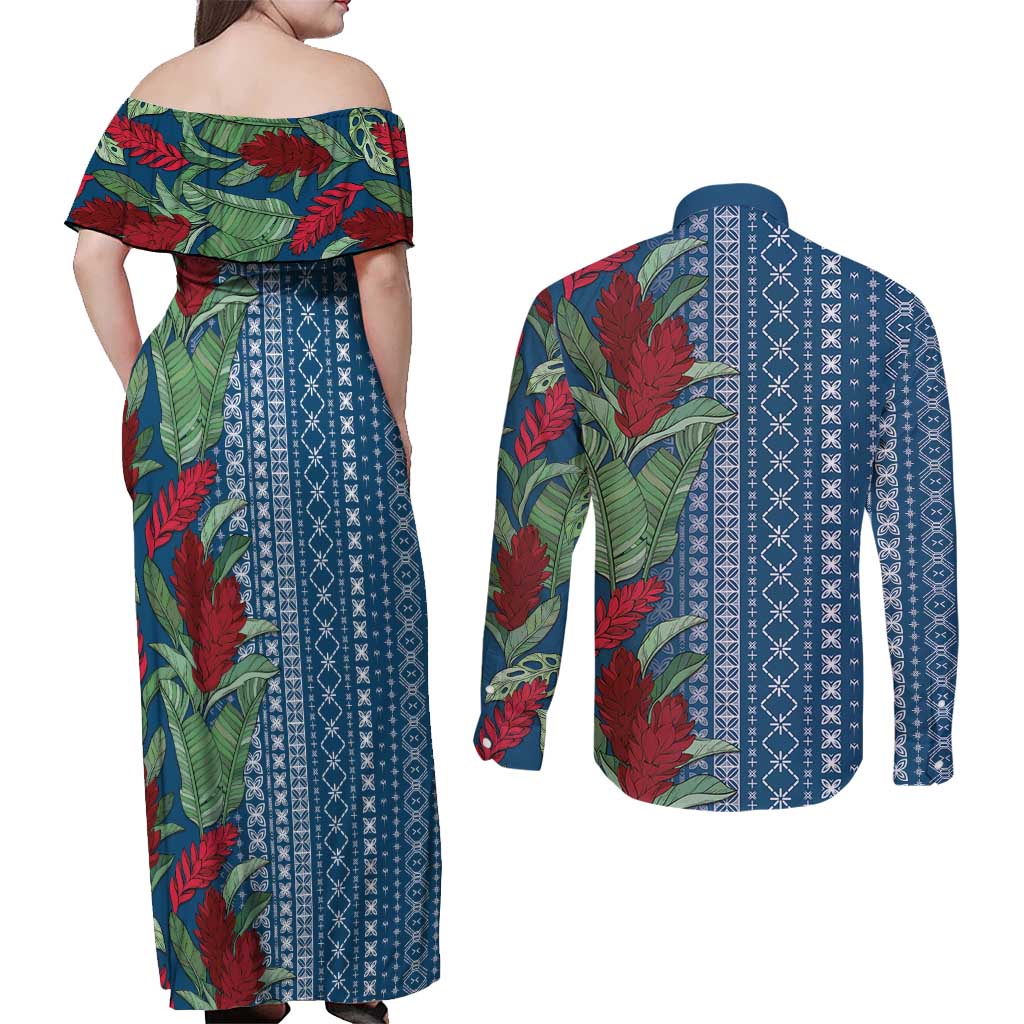 Women's Day Samoa Malu Tattoo Inspired Mix Teuila Couples Matching Off Shoulder Maxi Dress and Long Sleeve Button Shirt Royal Blue LT7 - Polynesian Pride