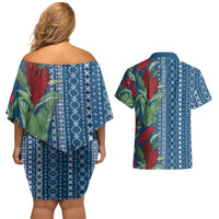 Women's Day Samoa Malu Tattoo Inspired Mix Teuila Couples Matching Off Shoulder Short Dress and Hawaiian Shirt Royal Blue LT7 - Polynesian Pride