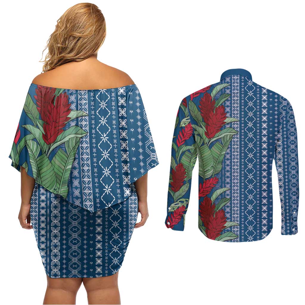 Women's Day Samoa Malu Tattoo Inspired Mix Teuila Couples Matching Off Shoulder Short Dress and Long Sleeve Button Shirt Royal Blue LT7 - Polynesian Pride
