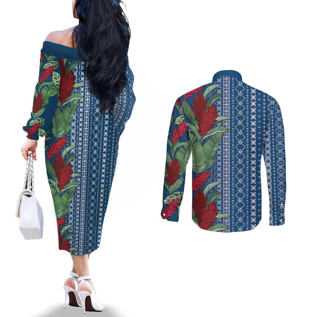 Women's Day Samoa Malu Tattoo Inspired Mix Teuila Couples Matching Off The Shoulder Long Sleeve Dress and Long Sleeve Button Shirt Royal Blue LT7 - Polynesian Pride
