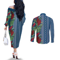 Women's Day Samoa Malu Tattoo Inspired Mix Teuila Couples Matching Off The Shoulder Long Sleeve Dress and Long Sleeve Button Shirt Royal Blue LT7 - Polynesian Pride