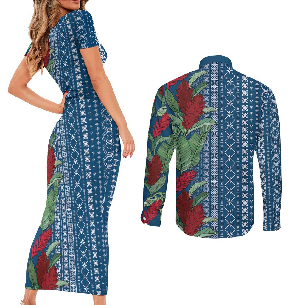 Women's Day Samoa Malu Tattoo Inspired Mix Teuila Couples Matching Short Sleeve Bodycon Dress and Long Sleeve Button Shirt Royal Blue LT7 - Polynesian Pride