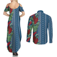 Women's Day Samoa Malu Tattoo Inspired Mix Teuila Couples Matching Summer Maxi Dress and Long Sleeve Button Shirt Royal Blue LT7 - Polynesian Pride