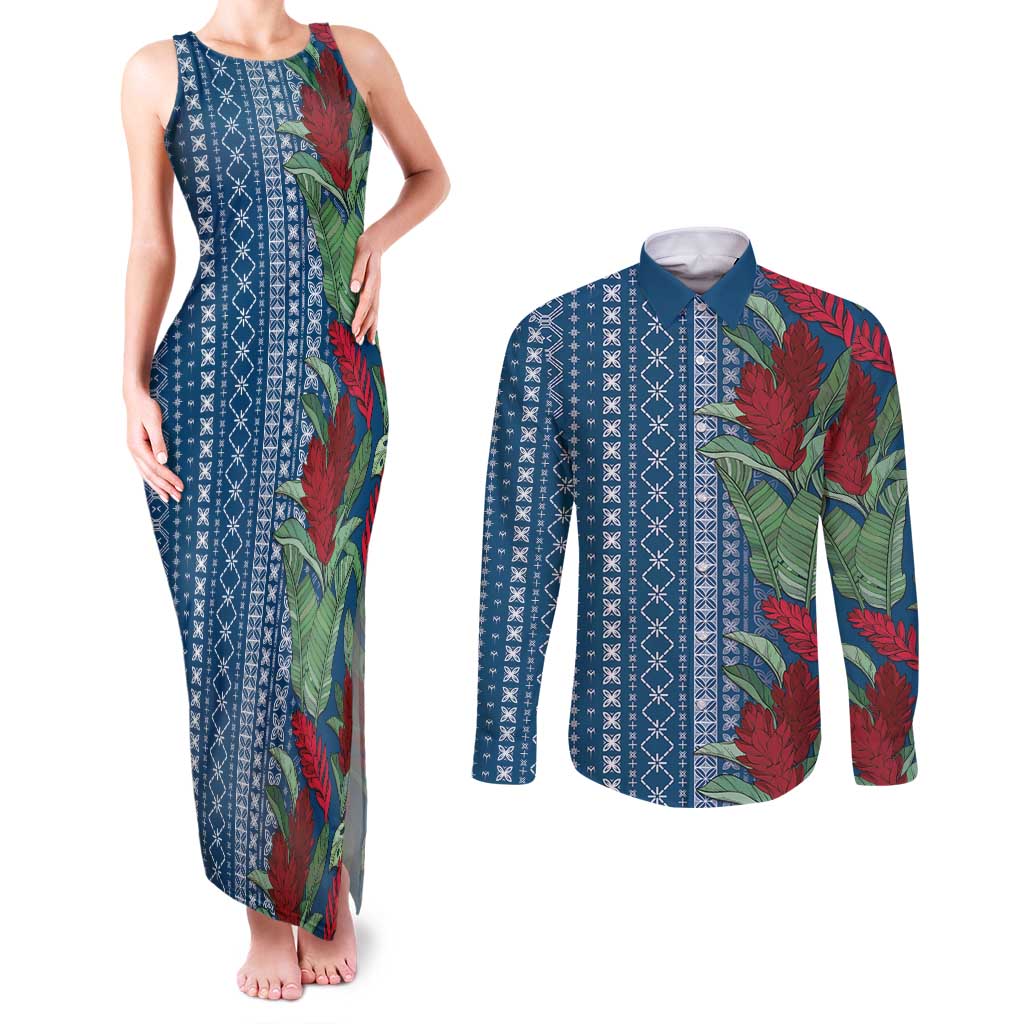 Women's Day Samoa Malu Tattoo Inspired Mix Teuila Couples Matching Tank Maxi Dress and Long Sleeve Button Shirt Royal Blue LT7 Royal Blue - Polynesian Pride