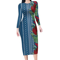 Women's Day Samoa Malu Tattoo Inspired Mix Teuila Family Matching Long Sleeve Bodycon Dress and Hawaiian Shirt Royal Blue LT7 Mom's Dress Royal Blue - Polynesian Pride
