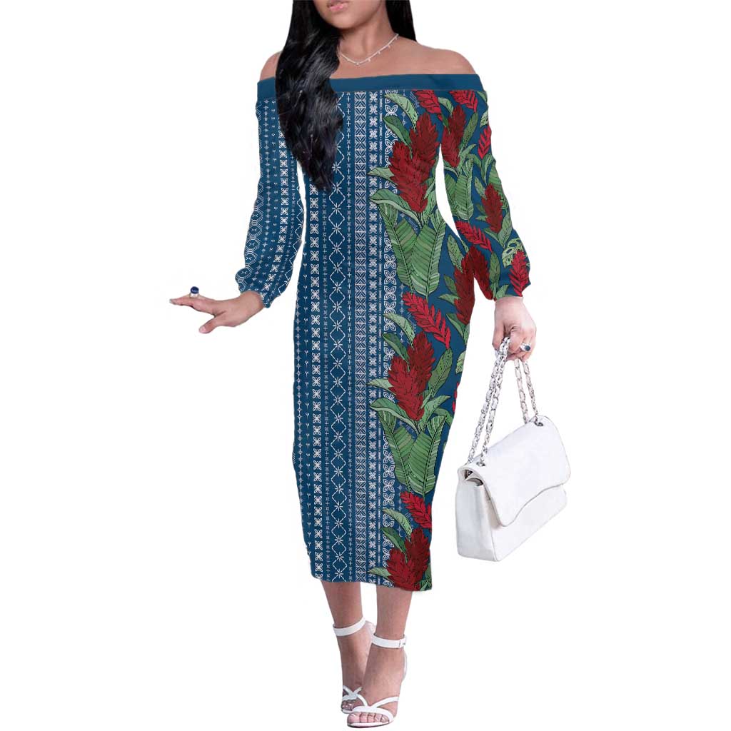 Women's Day Samoa Malu Tattoo Inspired Mix Teuila Family Matching Off The Shoulder Long Sleeve Dress and Hawaiian Shirt Royal Blue LT7 Mom's Dress Royal Blue - Polynesian Pride