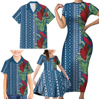 Women's Day Samoa Malu Tattoo Inspired Mix Teuila Family Matching Short Sleeve Bodycon Dress and Hawaiian Shirt Royal Blue LT7 - Polynesian Pride
