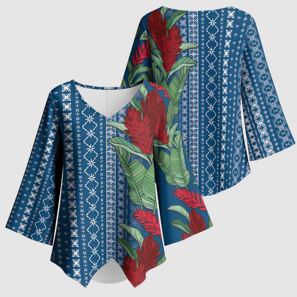 Women's Day Samoa Malu Tattoo Inspired Mix Teuila Kimono Sleeve Blouse Royal Blue