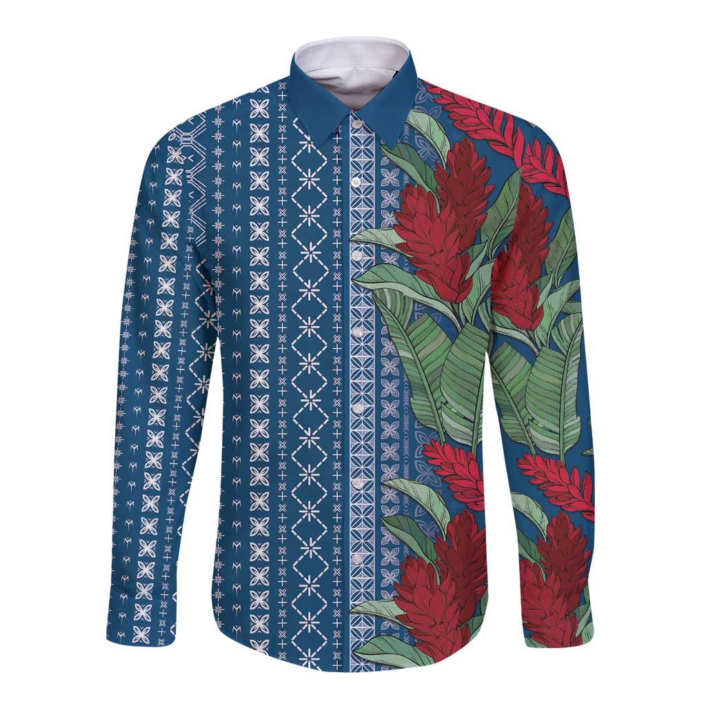 Women's Day Samoa Malu Tattoo Inspired Mix Teuila Long Sleeve Button Shirt Royal Blue