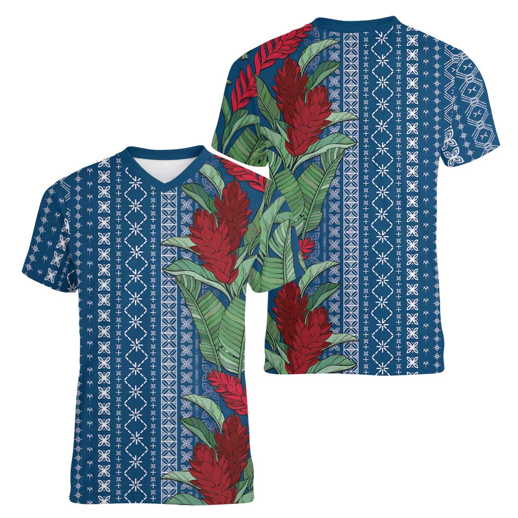 Women's Day Samoa Malu Tattoo Inspired Mix Teuila Women V-Neck T-Shirt Royal Blue LT7 - Polynesian Pride