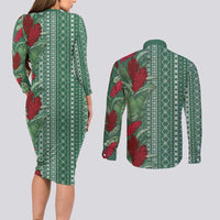Women's Day Samoa Malu Tattoo Inspired Mix Teuila Couples Matching Long Sleeve Bodycon Dress and Long Sleeve Button Shirt Sage Green LT7 - Polynesian Pride