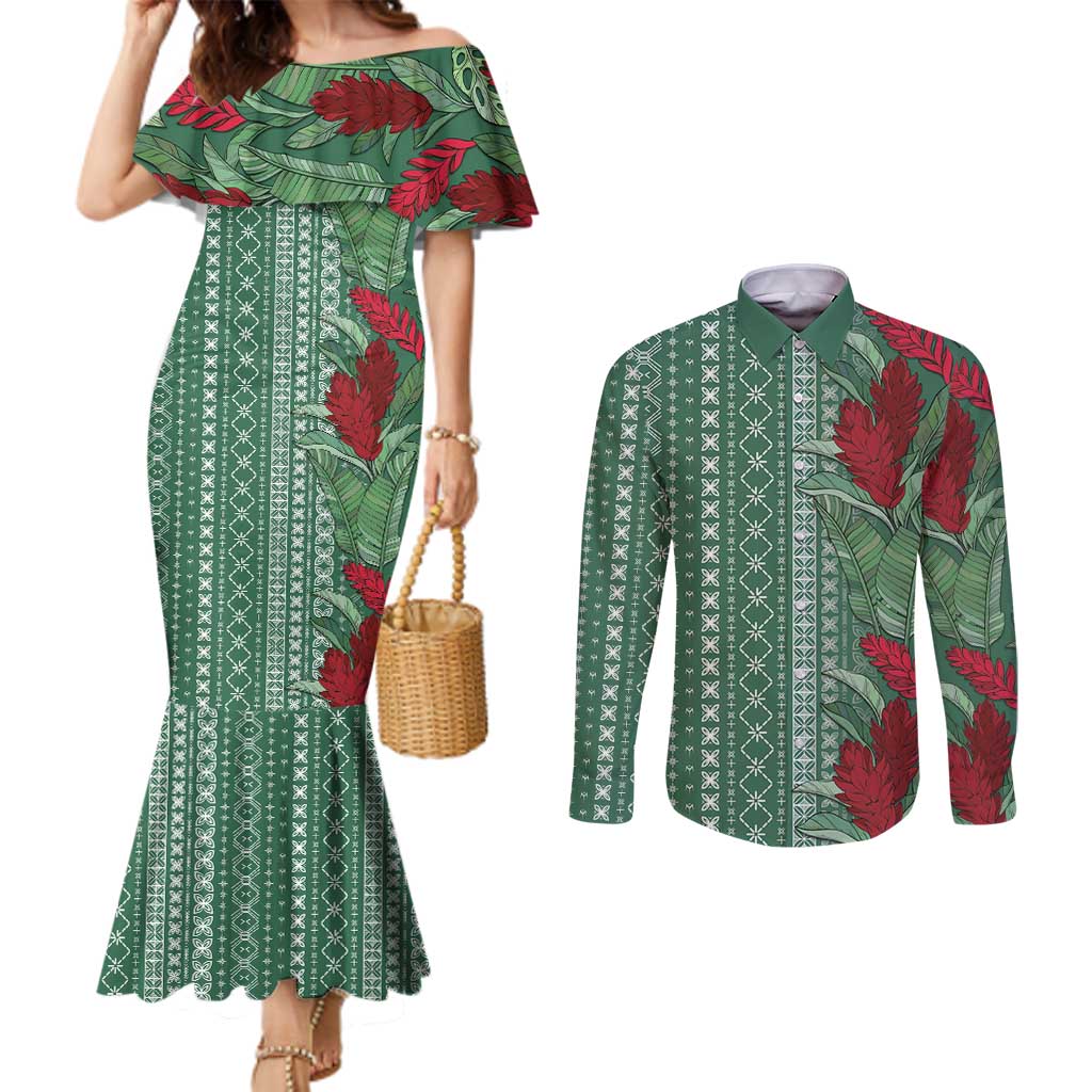 Women's Day Samoa Malu Tattoo Inspired Mix Teuila Couples Matching Mermaid Dress and Long Sleeve Button Shirt Sage Green LT7 Sage Green - Polynesian Pride