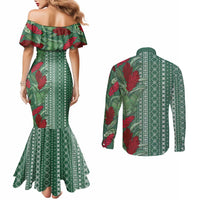 Women's Day Samoa Malu Tattoo Inspired Mix Teuila Couples Matching Mermaid Dress and Long Sleeve Button Shirt Sage Green LT7 - Polynesian Pride
