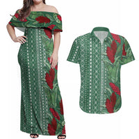 Women's Day Samoa Malu Tattoo Inspired Mix Teuila Couples Matching Off Shoulder Maxi Dress and Hawaiian Shirt Sage Green LT7 Sage Green - Polynesian Pride