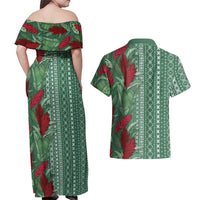 Women's Day Samoa Malu Tattoo Inspired Mix Teuila Couples Matching Off Shoulder Maxi Dress and Hawaiian Shirt Sage Green LT7 - Polynesian Pride