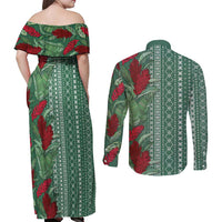 Women's Day Samoa Malu Tattoo Inspired Mix Teuila Couples Matching Off Shoulder Maxi Dress and Long Sleeve Button Shirt Sage Green LT7 - Polynesian Pride