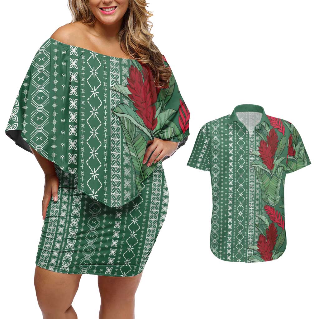 Women's Day Samoa Malu Tattoo Inspired Mix Teuila Couples Matching Off Shoulder Short Dress and Hawaiian Shirt Sage Green LT7 Sage Green - Polynesian Pride