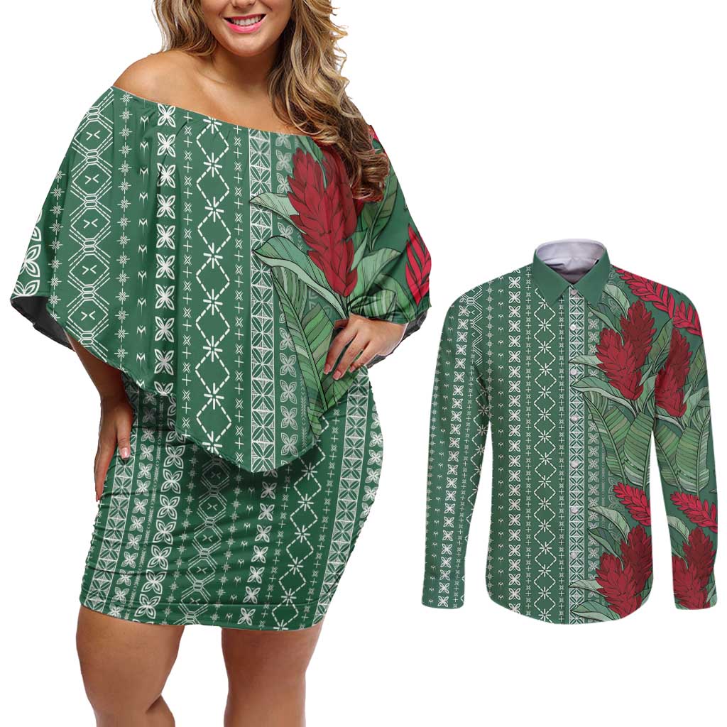 Women's Day Samoa Malu Tattoo Inspired Mix Teuila Couples Matching Off Shoulder Short Dress and Long Sleeve Button Shirt Sage Green LT7 Sage Green - Polynesian Pride