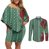 Women's Day Samoa Malu Tattoo Inspired Mix Teuila Couples Matching Off Shoulder Short Dress and Long Sleeve Button Shirt Sage Green LT7 Sage Green - Polynesian Pride