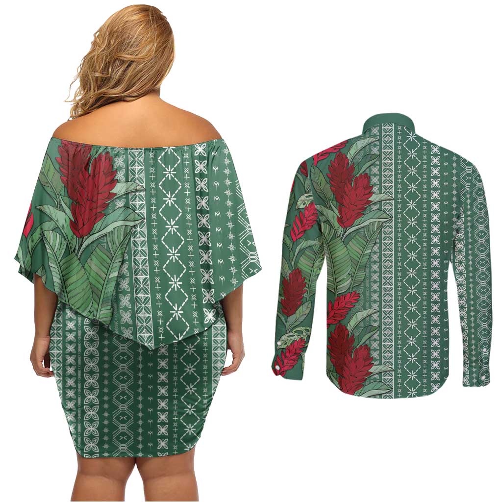 Women's Day Samoa Malu Tattoo Inspired Mix Teuila Couples Matching Off Shoulder Short Dress and Long Sleeve Button Shirt Sage Green LT7 - Polynesian Pride