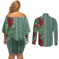 Women's Day Samoa Malu Tattoo Inspired Mix Teuila Couples Matching Off Shoulder Short Dress and Long Sleeve Button Shirt Sage Green LT7 - Polynesian Pride