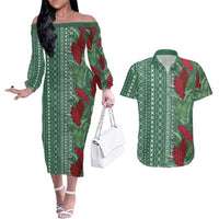 Women's Day Samoa Malu Tattoo Inspired Mix Teuila Couples Matching Off The Shoulder Long Sleeve Dress and Hawaiian Shirt Sage Green LT7 Sage Green - Polynesian Pride