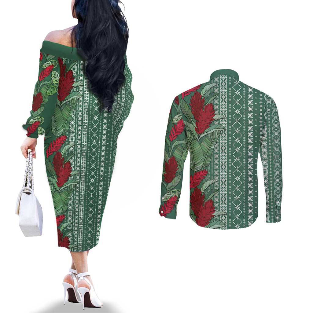 Women's Day Samoa Malu Tattoo Inspired Mix Teuila Couples Matching Off The Shoulder Long Sleeve Dress and Long Sleeve Button Shirt Sage Green LT7 - Polynesian Pride