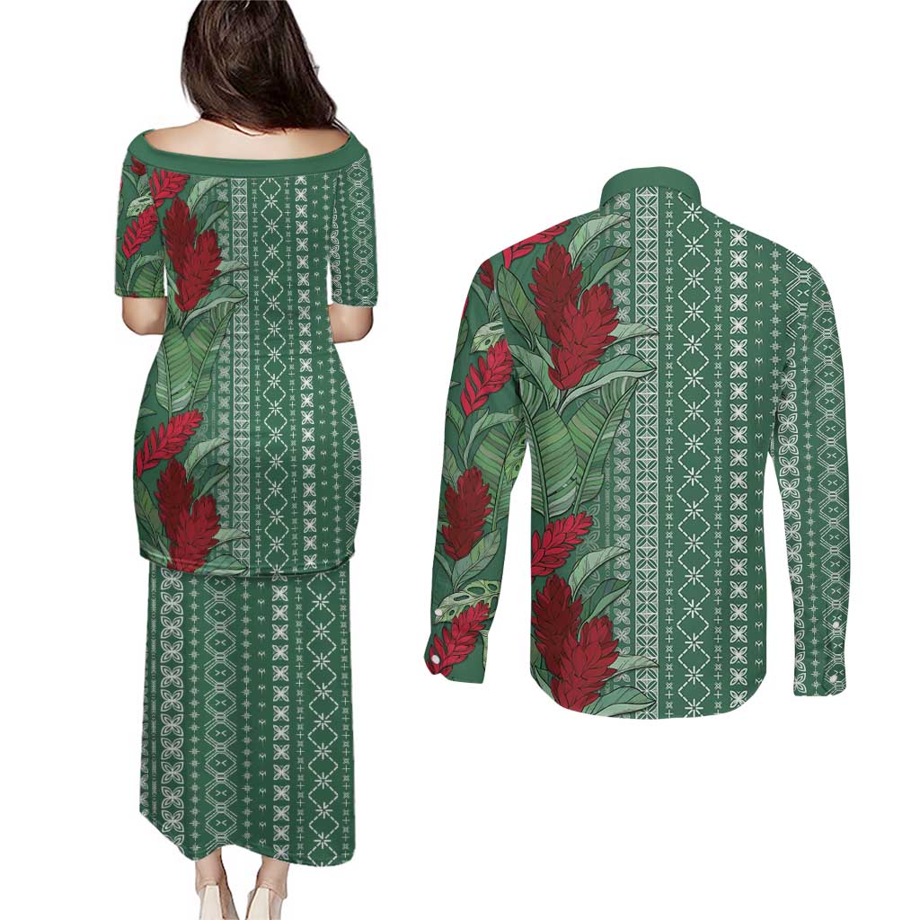 Women's Day Samoa Malu Tattoo Inspired Mix Teuila Couples Matching Puletasi and Long Sleeve Button Shirt Sage Green