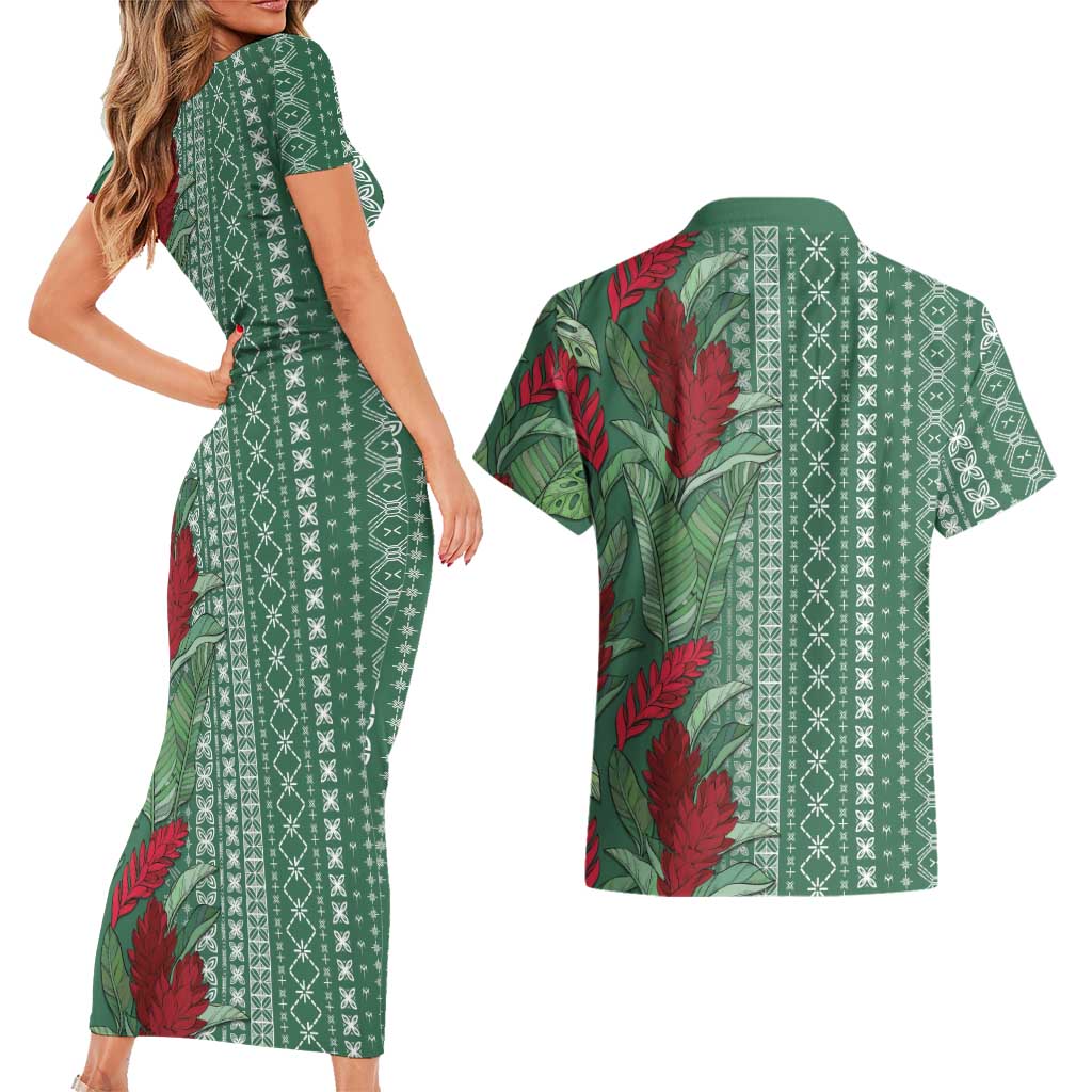 Women's Day Samoa Malu Tattoo Inspired Mix Teuila Couples Matching Short Sleeve Bodycon Dress and Hawaiian Shirt Sage Green LT7 - Polynesian Pride