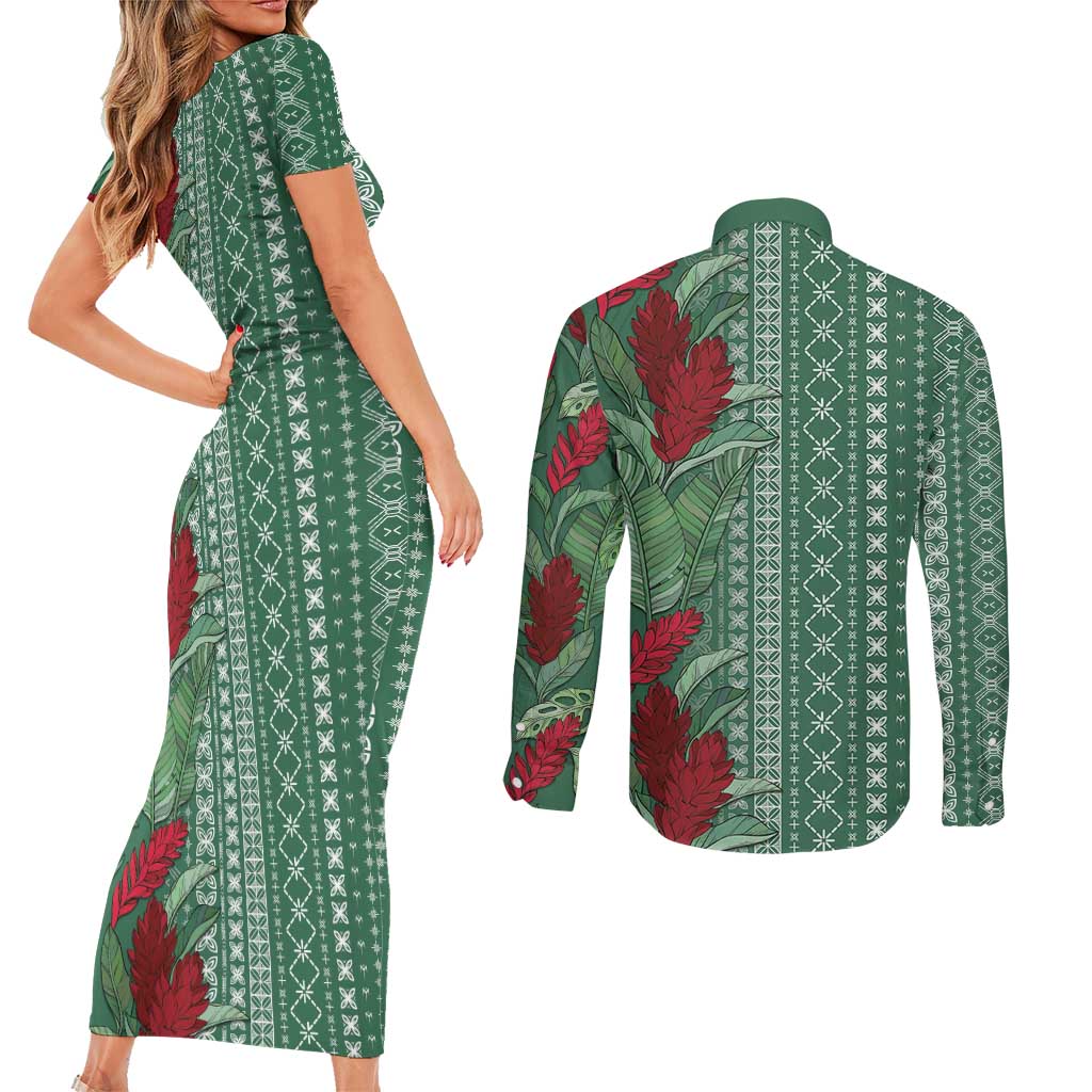 Women's Day Samoa Malu Tattoo Inspired Mix Teuila Couples Matching Short Sleeve Bodycon Dress and Long Sleeve Button Shirt Sage Green LT7 - Polynesian Pride