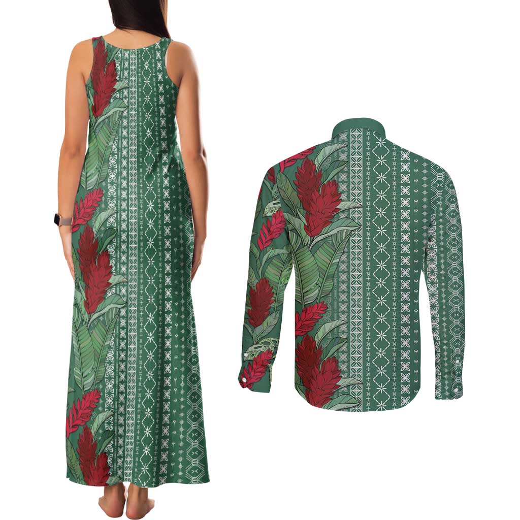 Women's Day Samoa Malu Tattoo Inspired Mix Teuila Couples Matching Tank Maxi Dress and Long Sleeve Button Shirt Sage Green LT7 - Polynesian Pride