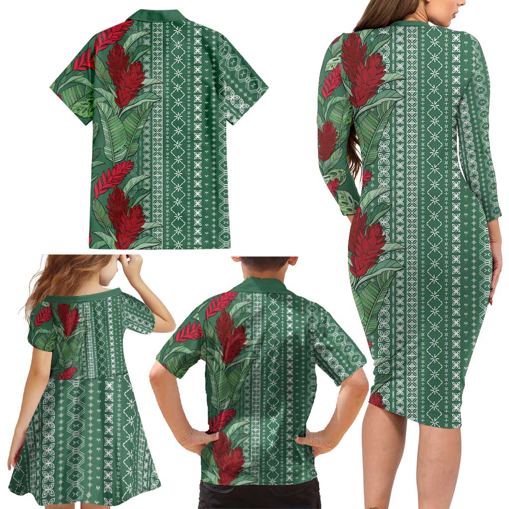 Women's Day Samoa Malu Tattoo Inspired Mix Teuila Family Matching Long Sleeve Bodycon Dress and Hawaiian Shirt Sage Green LT7 - Polynesian Pride