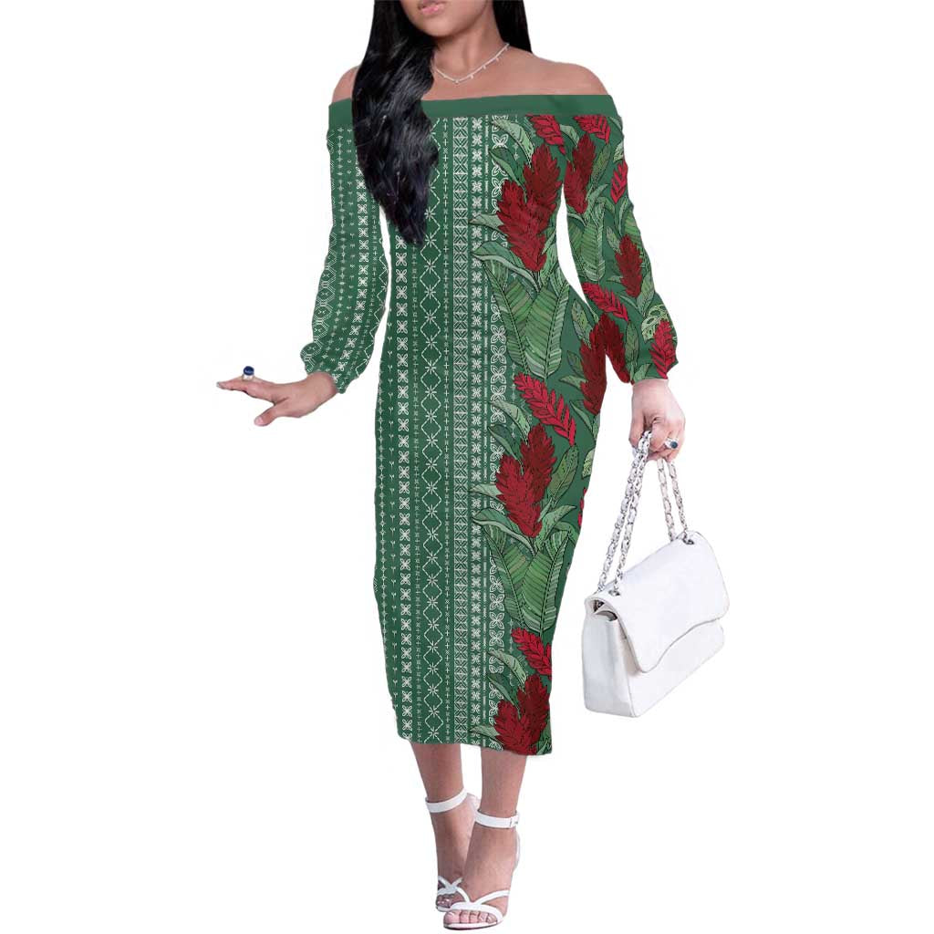 Women's Day Samoa Malu Tattoo Inspired Mix Teuila Family Matching Off The Shoulder Long Sleeve Dress and Hawaiian Shirt Sage Green LT7 Mom's Dress Sage Green - Polynesian Pride
