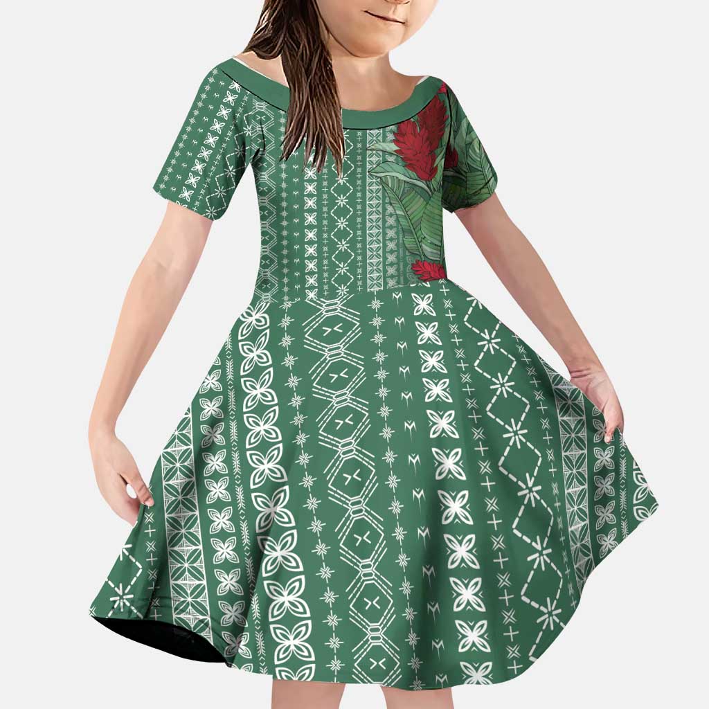 Women's Day Samoa Malu Tattoo Inspired Mix Teuila Family Matching Off Shoulder Maxi Dress and Hawaiian Shirt Sage Green LT7 Daughter's Dress Sage Green - Polynesian Pride