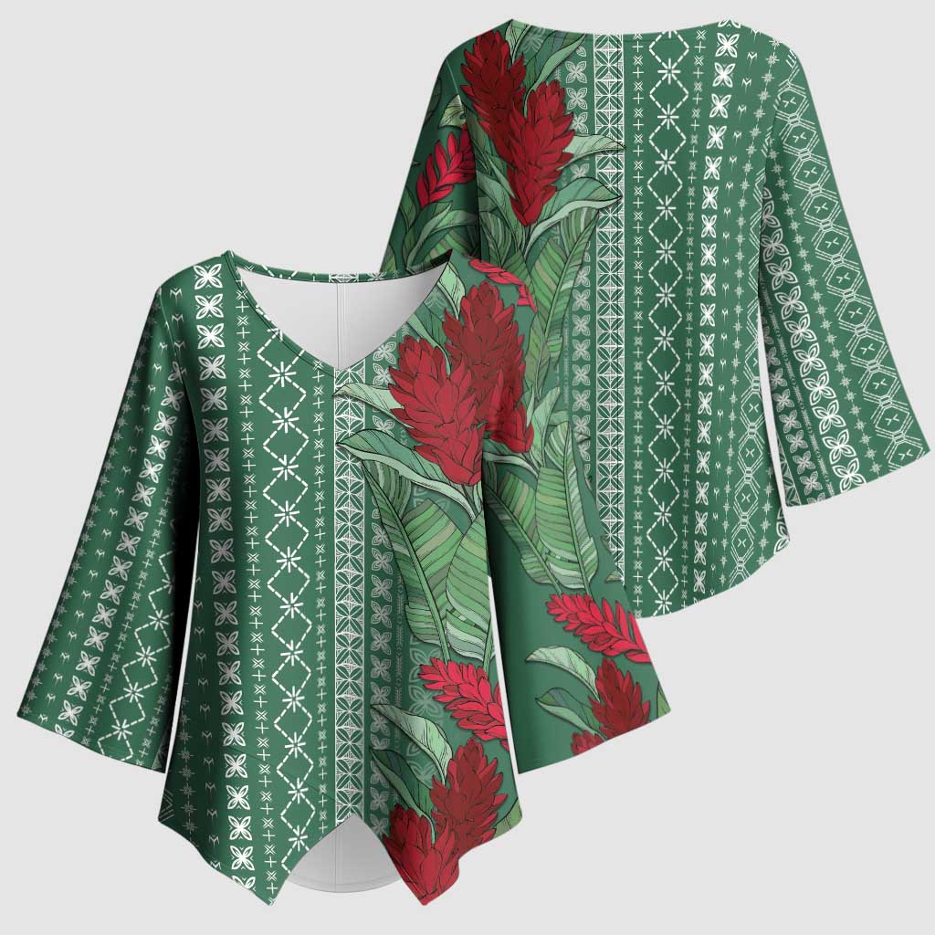Women's Day Samoa Malu Tattoo Inspired Mix Teuila Kimono Sleeve Blouse Sage Green