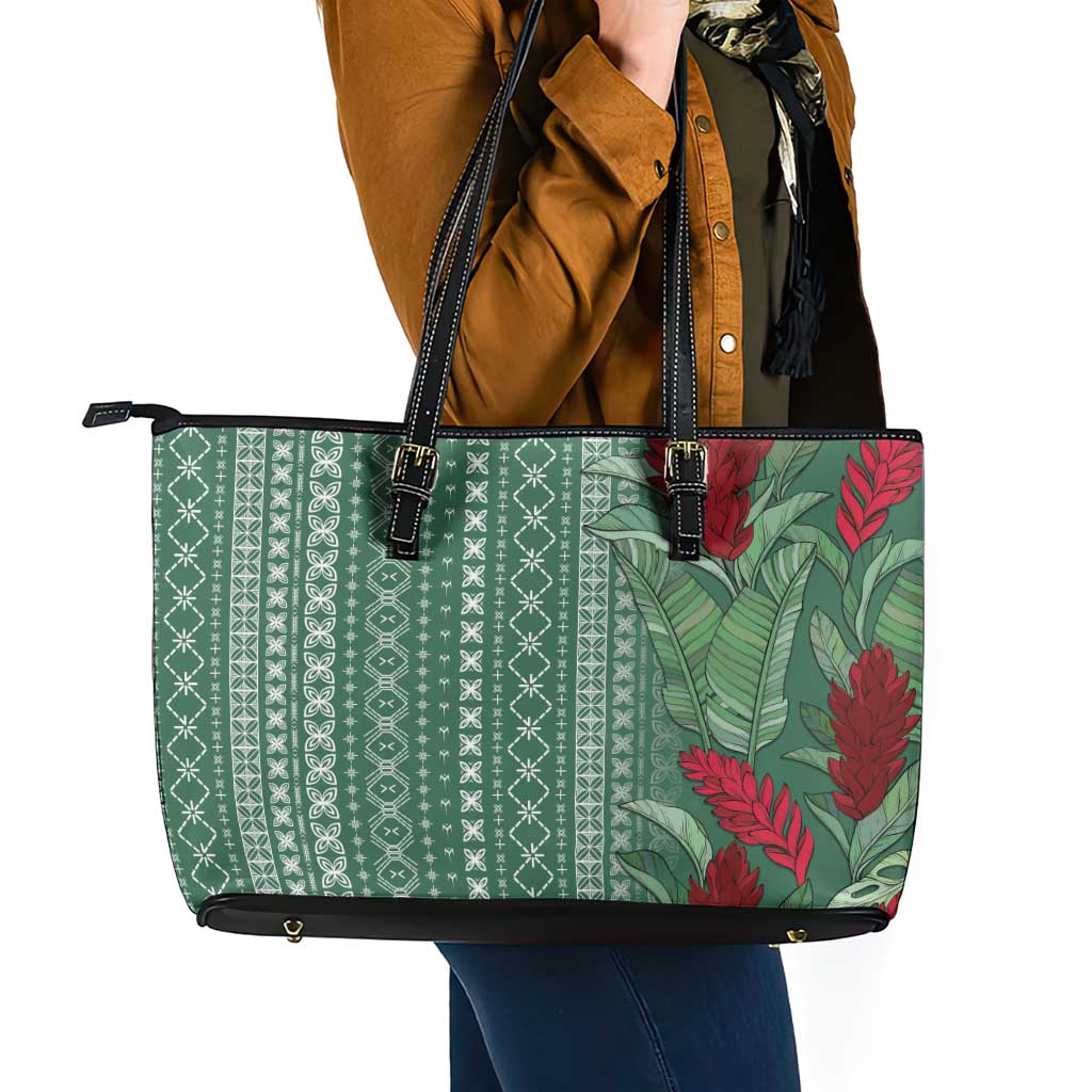 Women's Day Samoa Malu Tattoo Inspired Mix Teuila Leather Tote Bag Sage Green