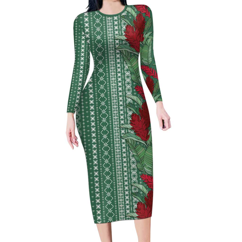 Women's Day Samoa Malu Tattoo Inspired Mix Teuila Long Sleeve Bodycon Dress Sage Green