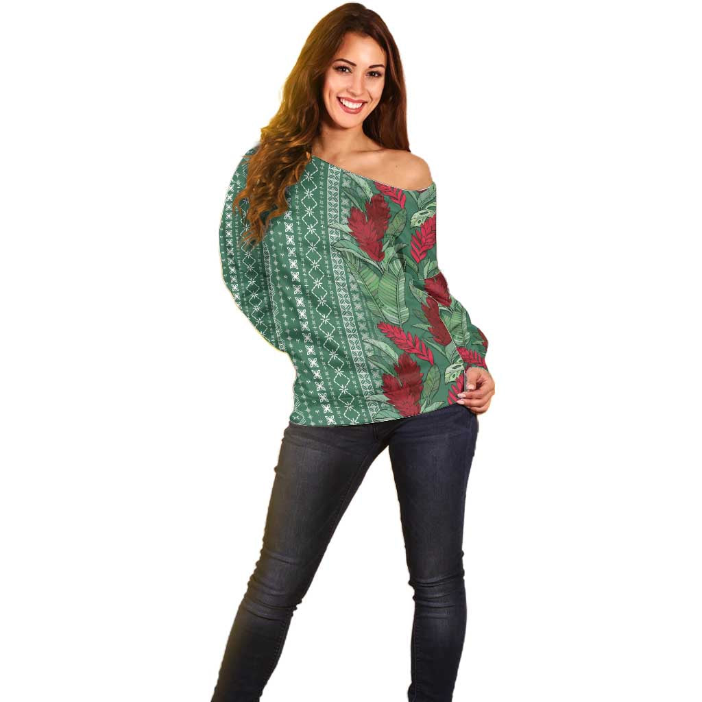 Women's Day Samoa Malu Tattoo Inspired Mix Teuila Off Shoulder Sweater Sage Green