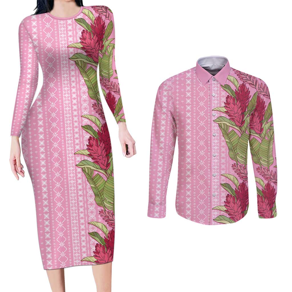 Women's Day Samoa Malu Tattoo Inspired Mix Teuila Couples Matching Long Sleeve Bodycon Dress and Long Sleeve Button Shirt Rose Pink LT7 Rose Pink - Polynesian Pride