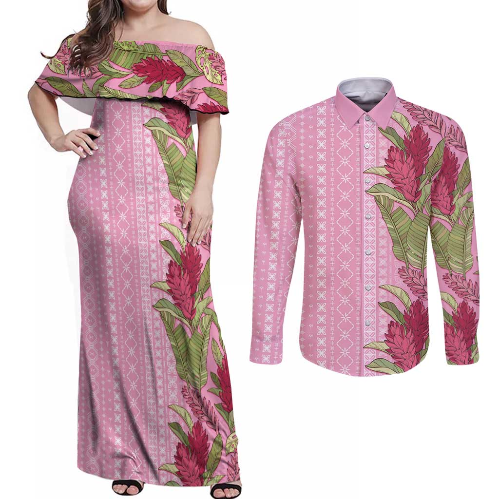 Women's Day Samoa Malu Tattoo Inspired Mix Teuila Couples Matching Off Shoulder Maxi Dress and Long Sleeve Button Shirt Rose Pink LT7 Rose Pink - Polynesian Pride