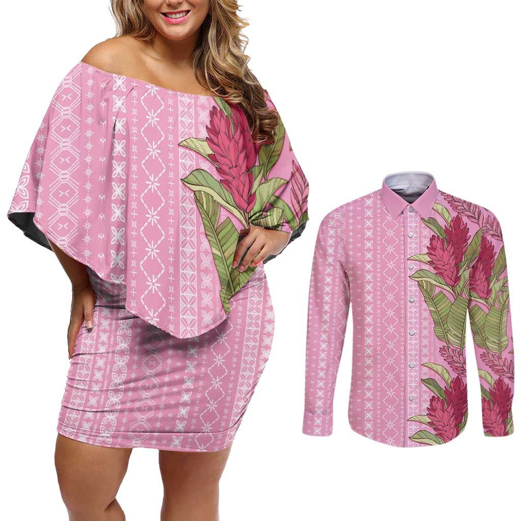 Women's Day Samoa Malu Tattoo Inspired Mix Teuila Couples Matching Off Shoulder Short Dress and Long Sleeve Button Shirt Rose Pink LT7 Rose Pink - Polynesian Pride