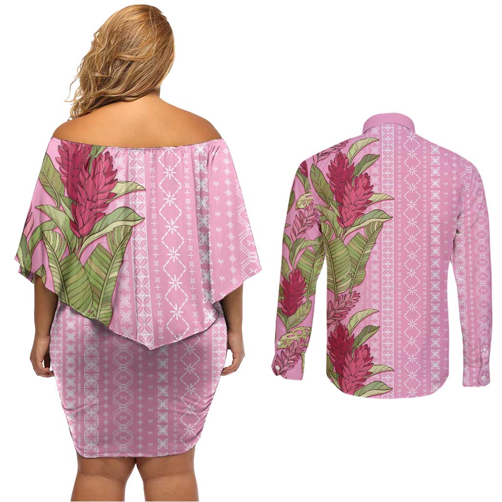 Women's Day Samoa Malu Tattoo Inspired Mix Teuila Couples Matching Off Shoulder Short Dress and Long Sleeve Button Shirt Rose Pink LT7 - Polynesian Pride