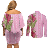 Women's Day Samoa Malu Tattoo Inspired Mix Teuila Couples Matching Off Shoulder Short Dress and Long Sleeve Button Shirt Rose Pink LT7 - Polynesian Pride